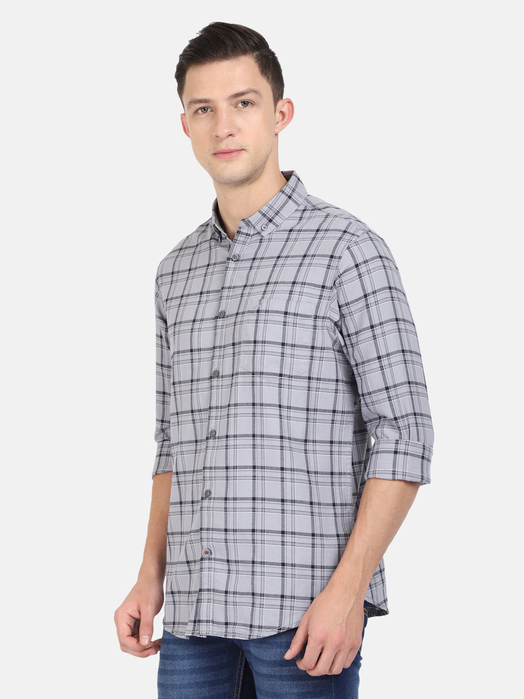 Casual Full Sleeve Comfort Fit Checks Grey with Collar Shirt for Men