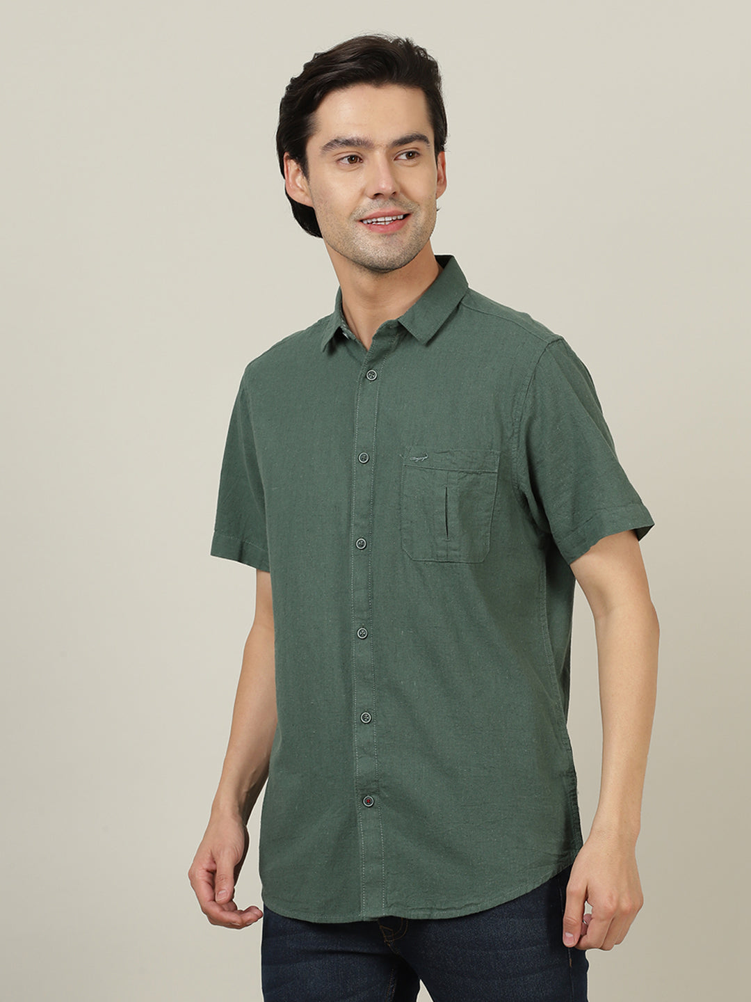 Crocodile Men Solid Green Cotton Shirt