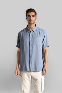 China Blue Textured Viscose-Blend Half Sleeves Shirt