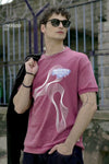 Man wearing a ribbed edge hybrid tee over sized crew in astro dust on a light gray background