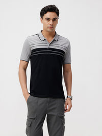 Black Colour Blocking Slim Fit Polo T-Shirts
