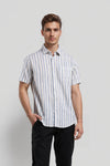 Man wearing a beige beige natural stripe shirt lyocell blended fabric comfort fit shirts on a light gray background