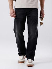 Classic Straight Fit Dark Grey Denim Jeans With Stretch Cotton Fabric And Natural Fade Wash