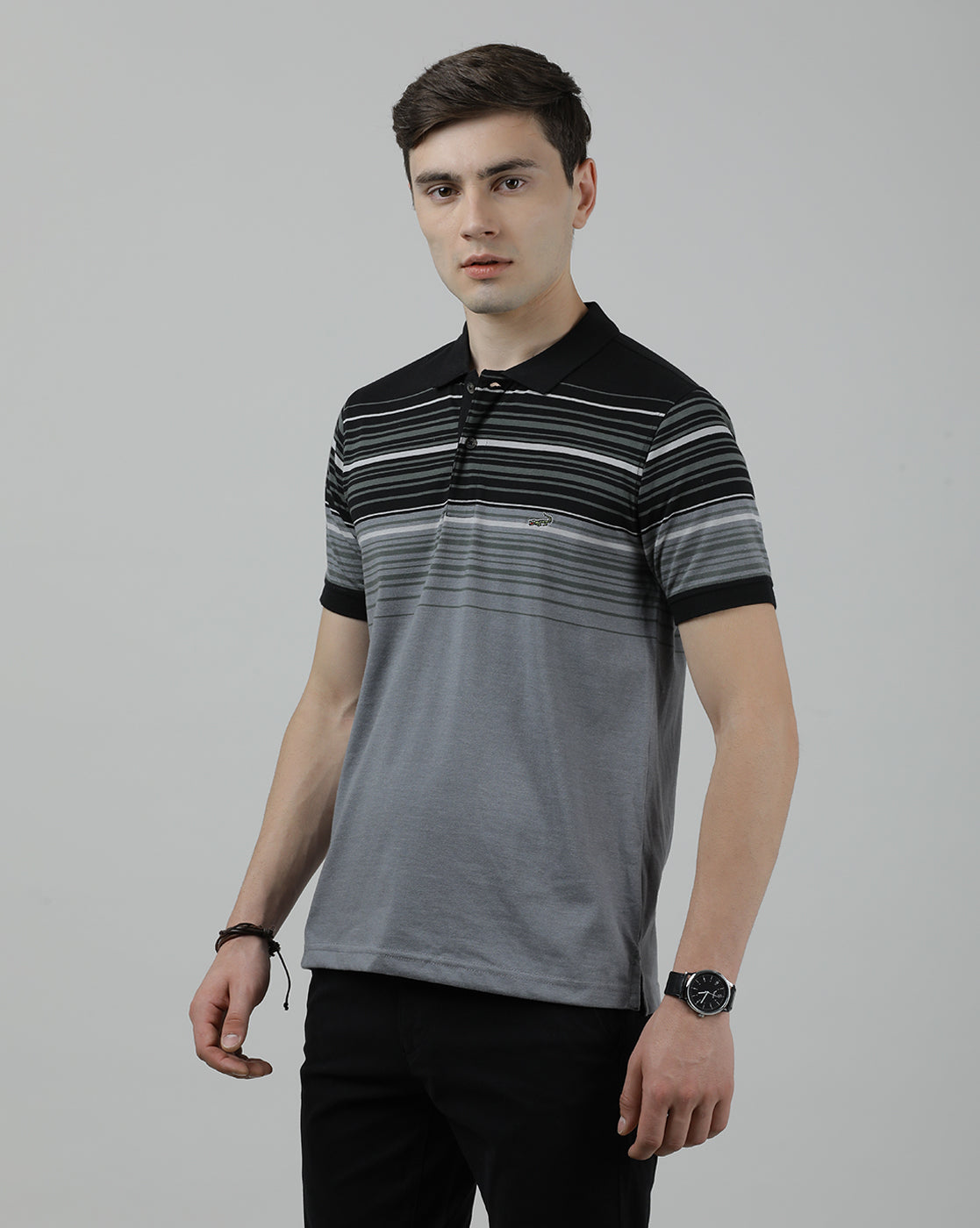 Casual Black T-Shirt Half Sleeve Slim Fit Jersey Engineering Stripe with Collar for Men