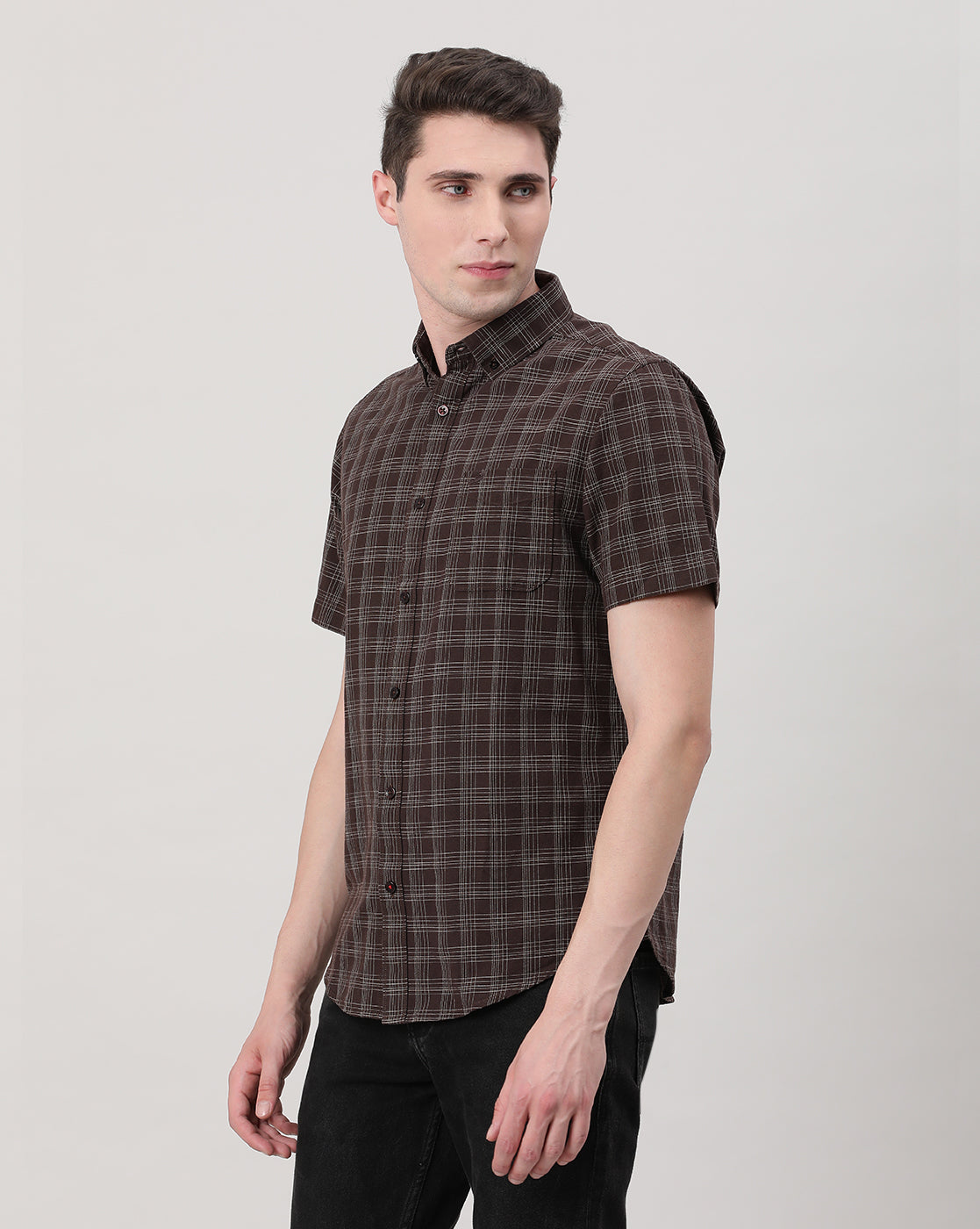 Casual Half Sleeve Comfort Fit Checks Shirt Brown with Collar