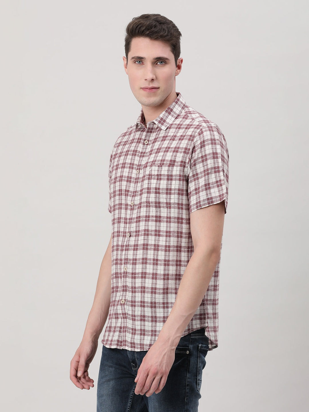 Casual Maroon Half Sleeve Comfort Fit Check Shirt with Collar for Men