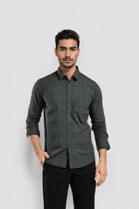 Dark Green Self Emboss Checks Cotton Shirt With V-Shape Pocket