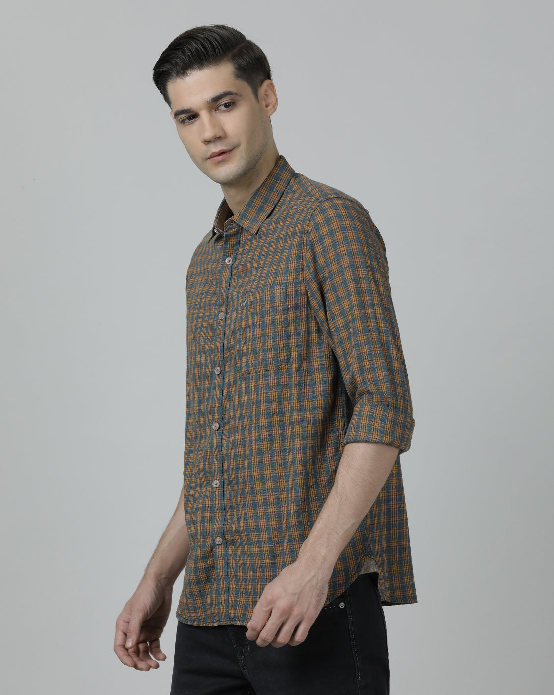 Casual Checks Comfort Fit Full Sleeve Brown / Teal Shirt with Collar