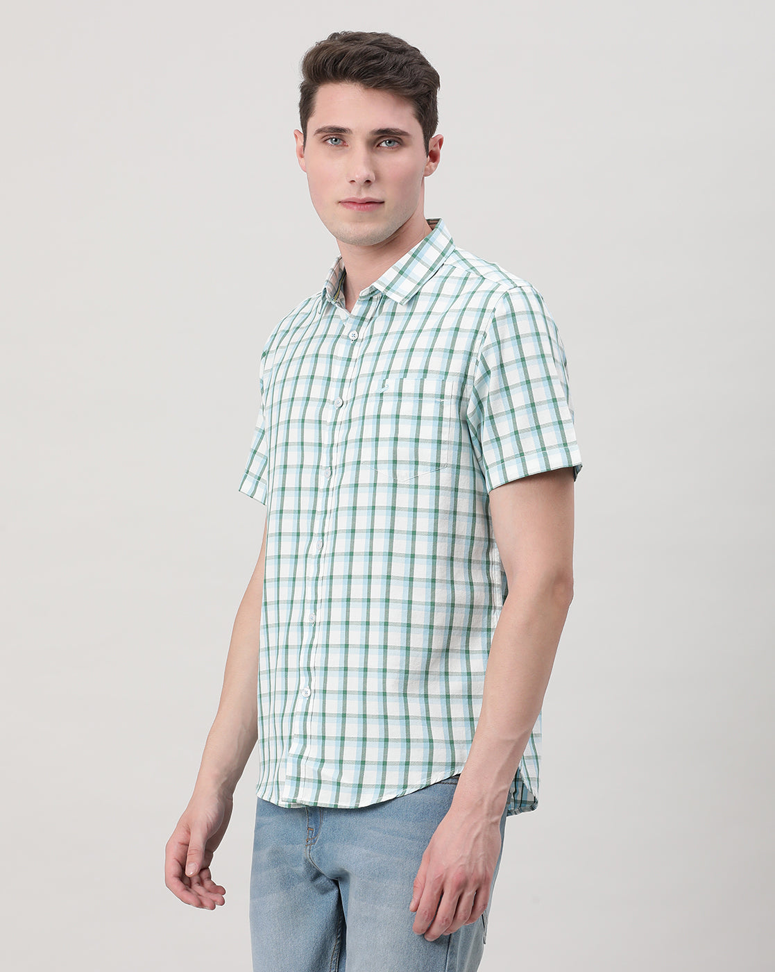 Casual Aqua Blue Half Sleeve Comfort Fit Checks Shirt with Collar for Men