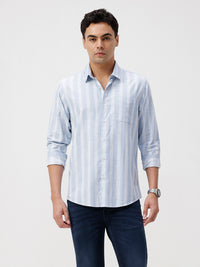 Men's Lightweight Sky Blue Striped Cotton Shirt With Herringbone Texture For Summer Comfort