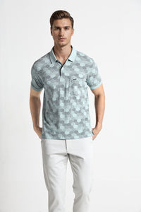 Aqua Blue Hexa-Patterned Printed Polo T-Shirt In Blue