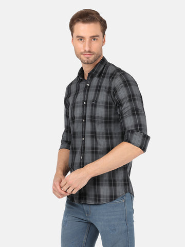 Casual Full Sleeve Slim Fit Checks Dark Grey with Collar Shirt for Men