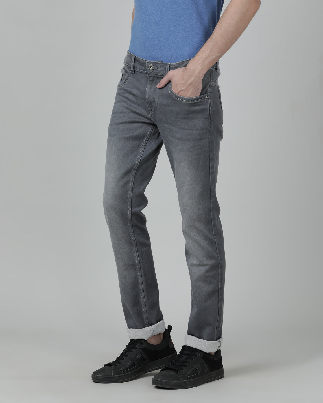 Casual Solid Grey Slim Fit Cotton Denim Jean