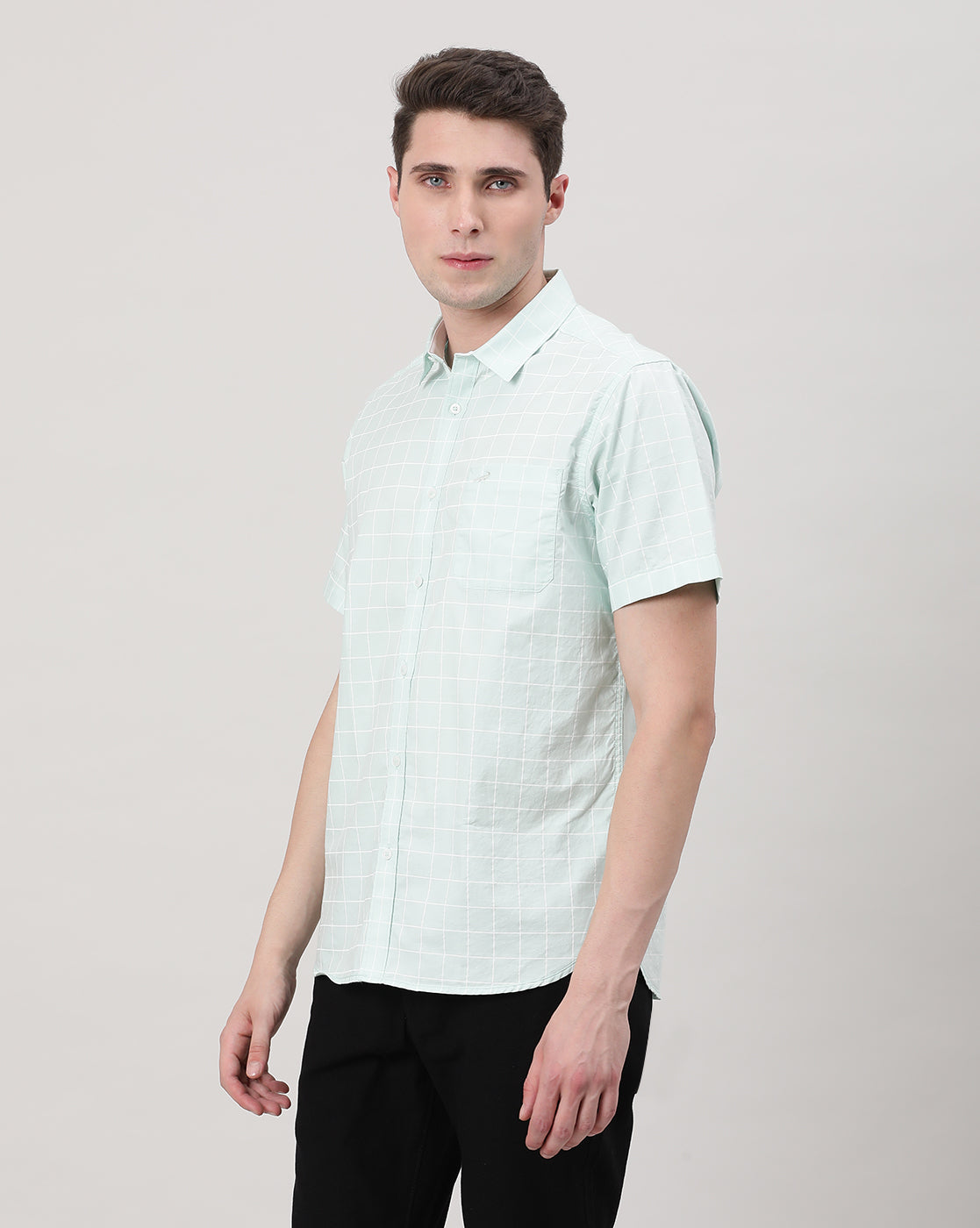 Casual Green Half Sleeve Comfort Fit Printed Window Check shirt with Collar