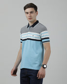 Casual Light Blue T-Shirt Engineering Stripes Half Sleeve Slim Fit with Collar for Men