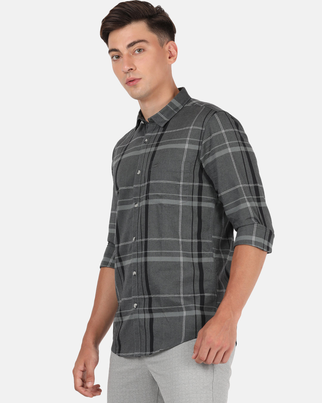 Crocodile Men's Casual Full Sleeve Slim Fit Checks Dark Grey With Collar Shirt Online