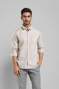 Beige Textured Pure Cotton Spread Collar Chisel Pocket Shirt