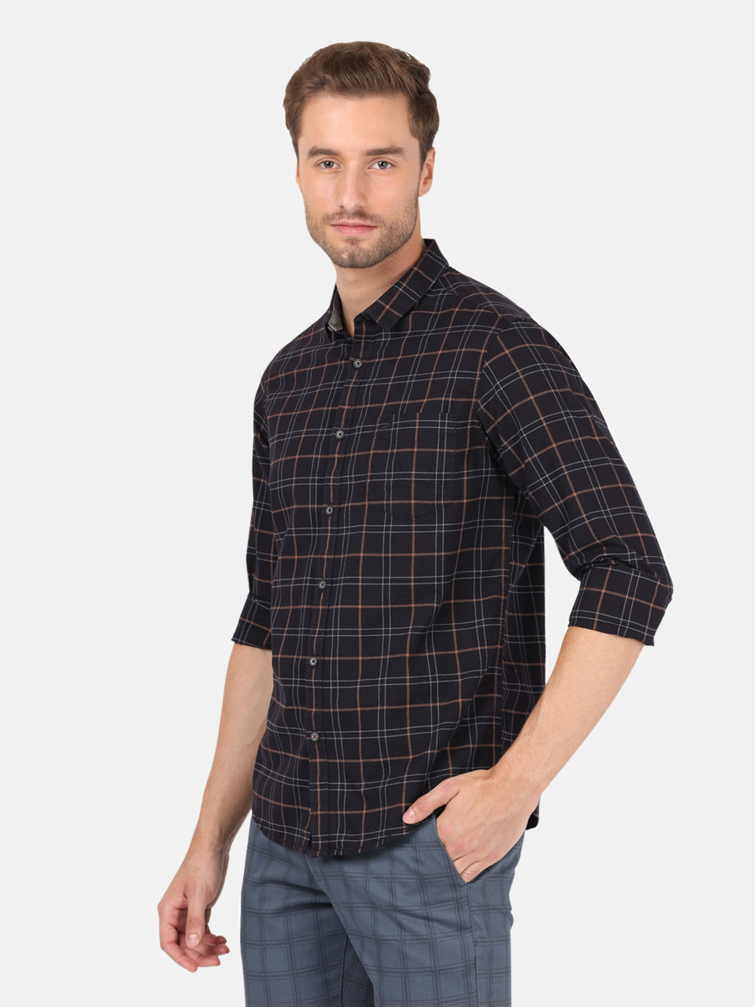 Casual Full Sleeve Comfort Fit Checks Dark Brown with Collar Shirt for Men