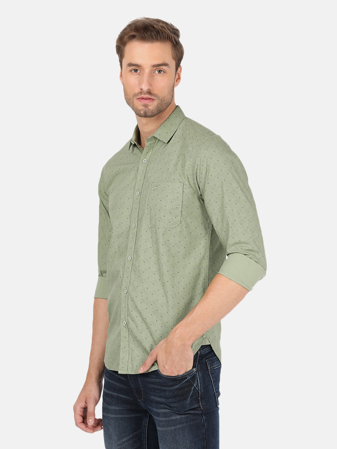 Crocodile Casual Full Sleeve Slim Fit Printed Light Olive with Collar Shirt for Men