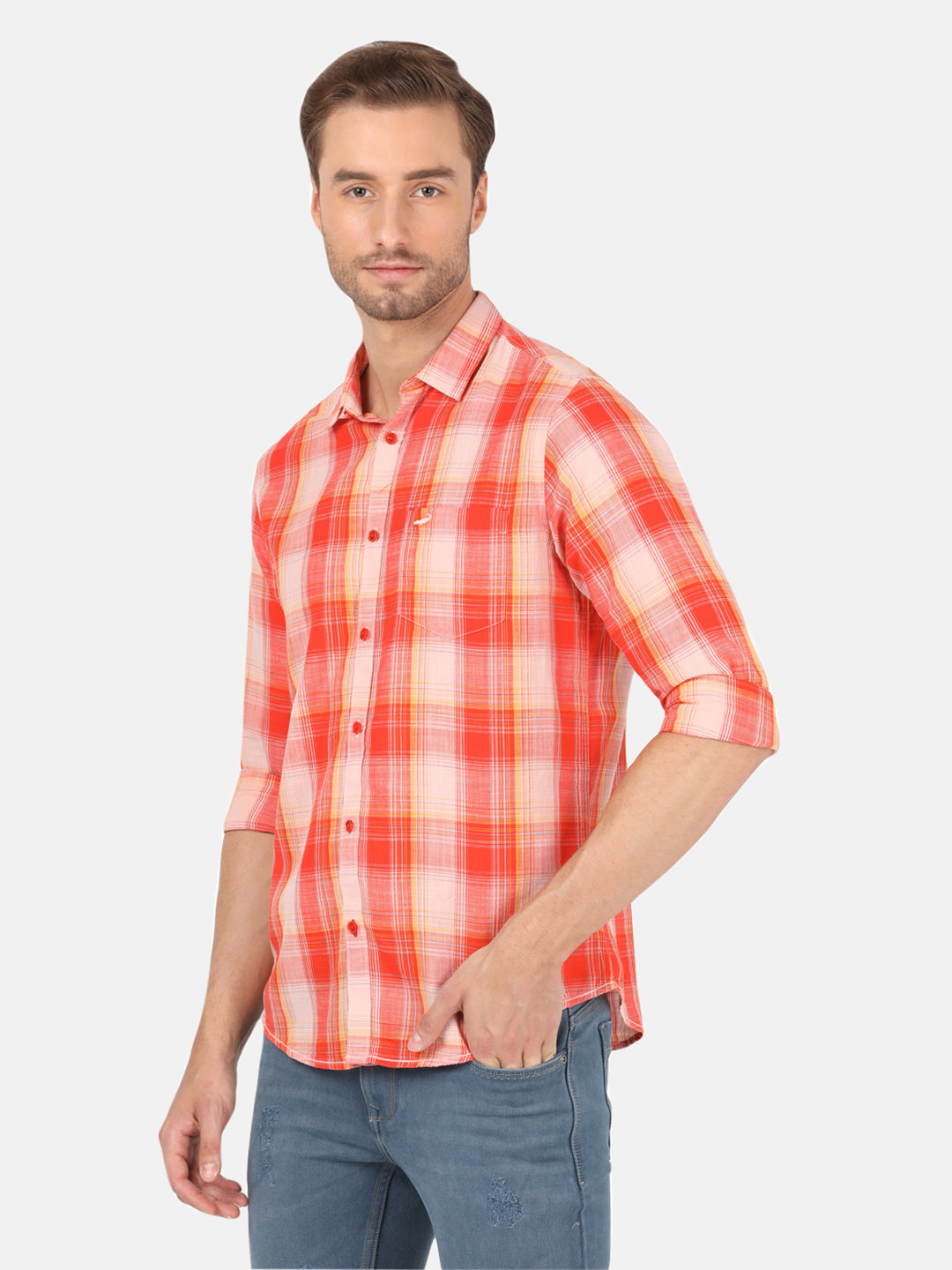 Casual Full Sleeve Comfort Fit Checks Red with Collar Shirt for Men