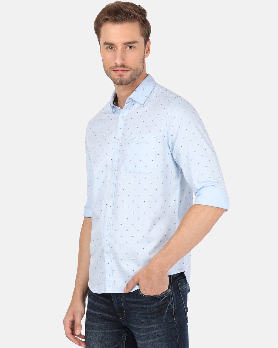 Crocodile Casual Full Sleeve Comfort Fit Printed Light Blue with Collar Shirt for Men