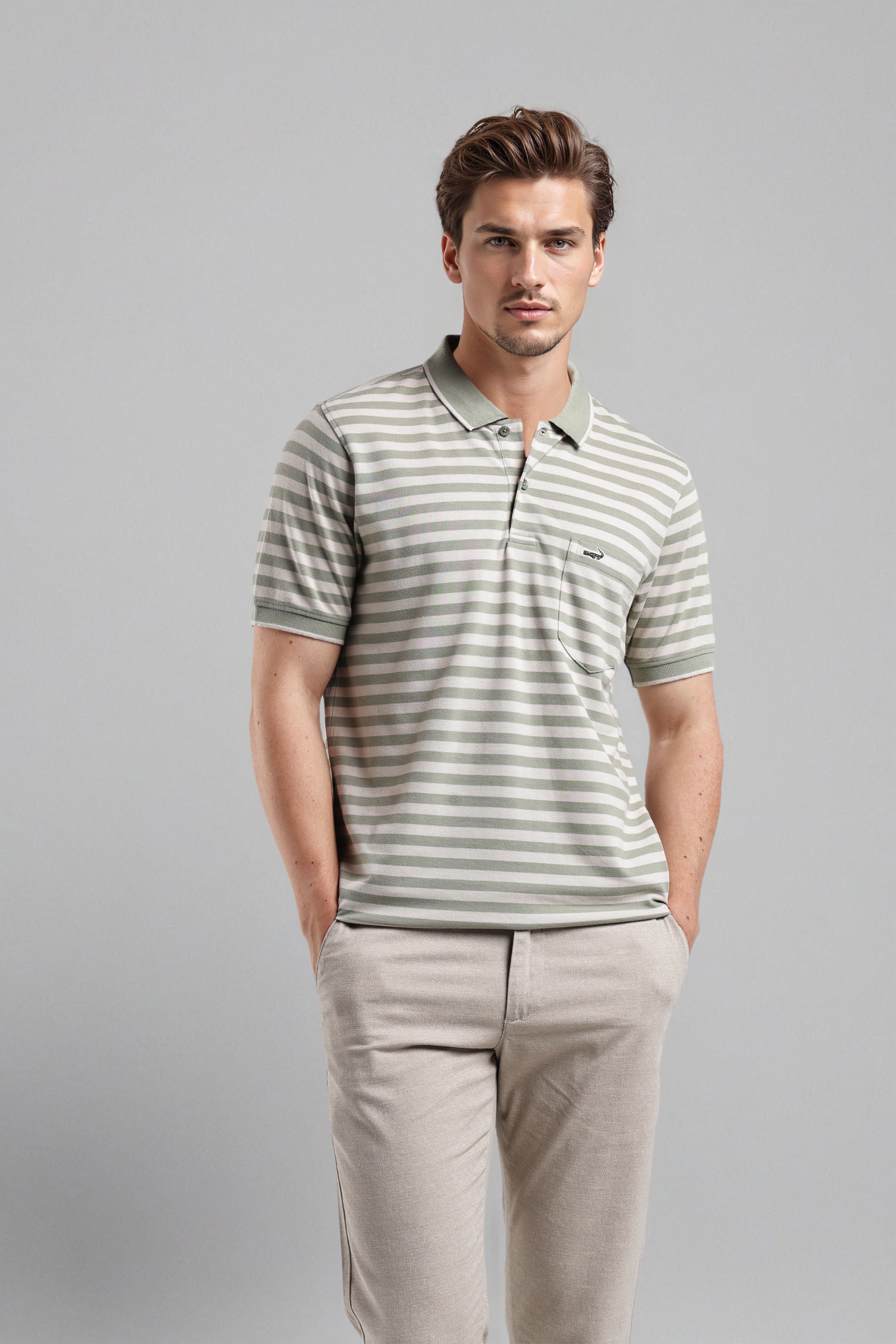 Man wearing a striped polo shirt and beige pants against a gray background
