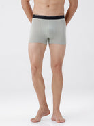 Person wearing light gray boxer briefs with a black waistband on a white background