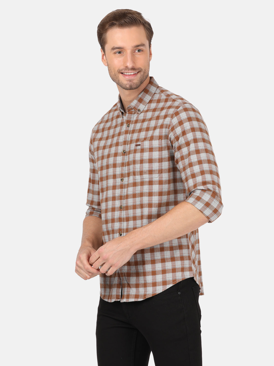 Crocodile Men's Casual Full Sleeve Comfort Fit Checks Brown with Collar Shirt
