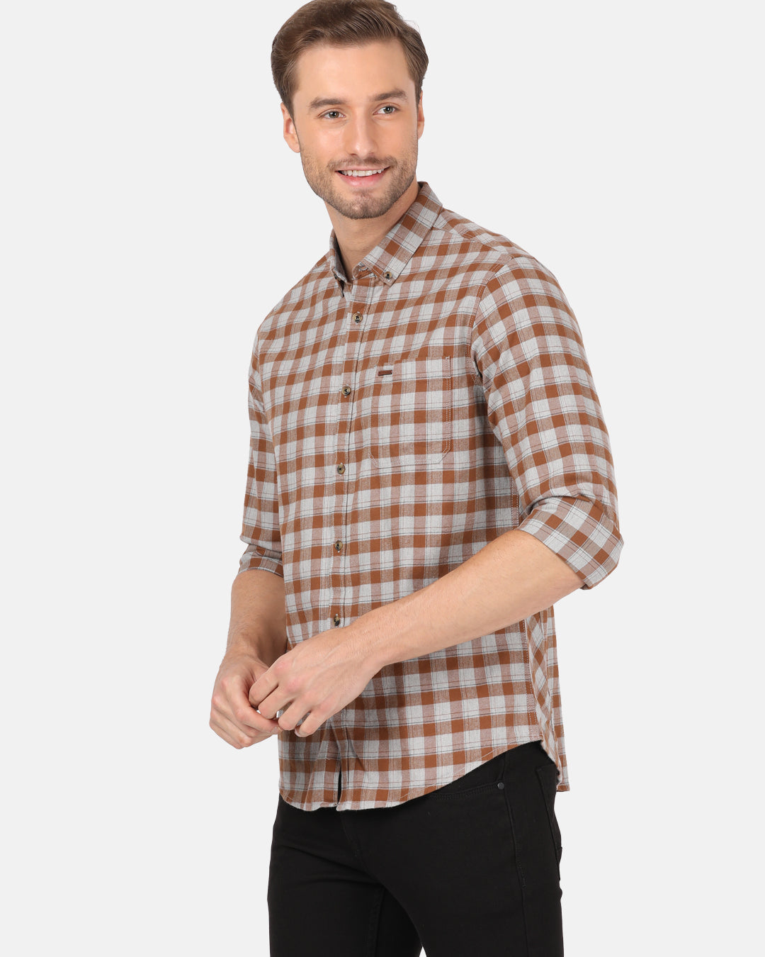 Crocodile Men's Casual Full Sleeve Comfort Fit Checks Brown with Collar Shirt