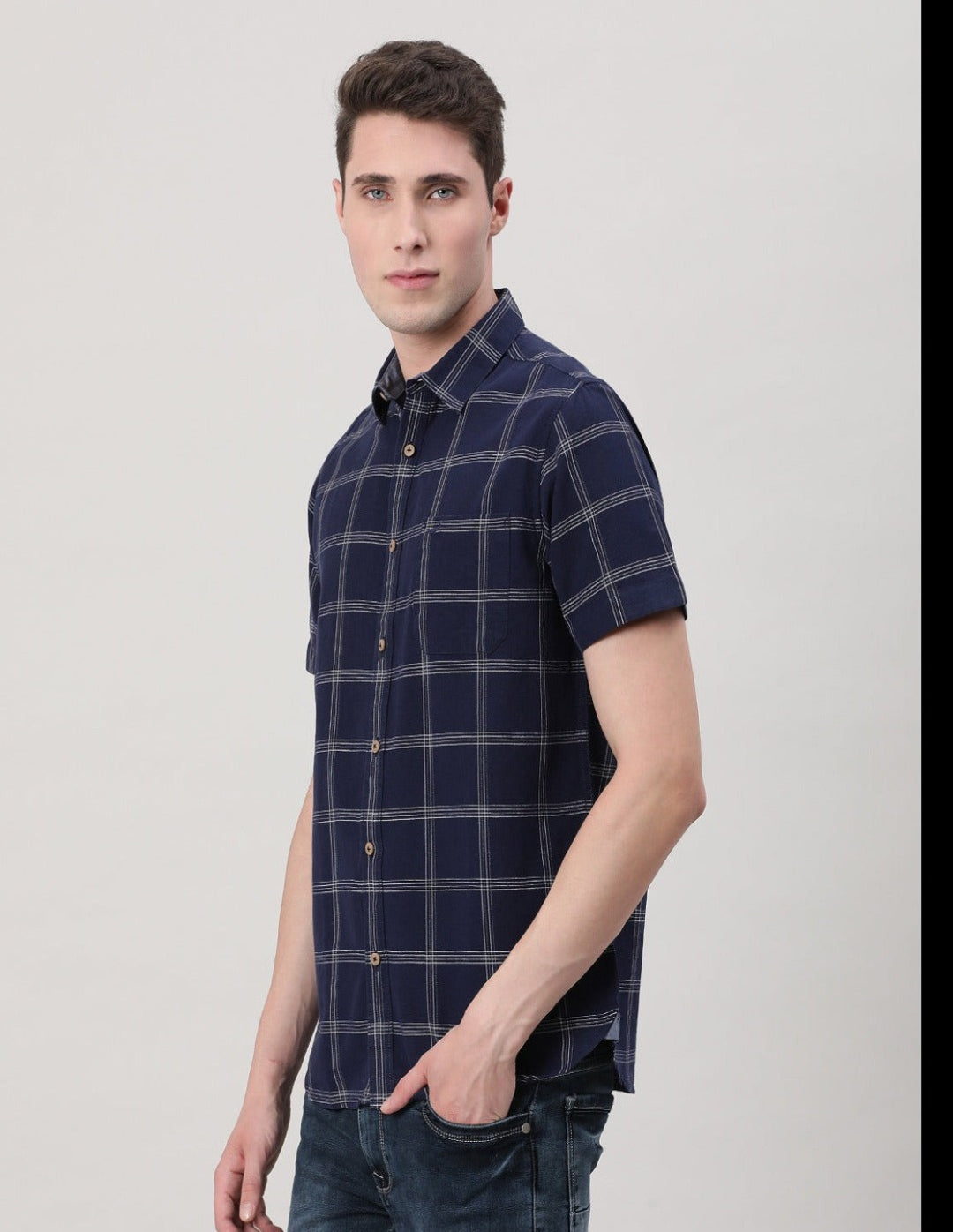 Casual Navy Half Sleeve Comfort Fit Checks Shirt with Collar for Men