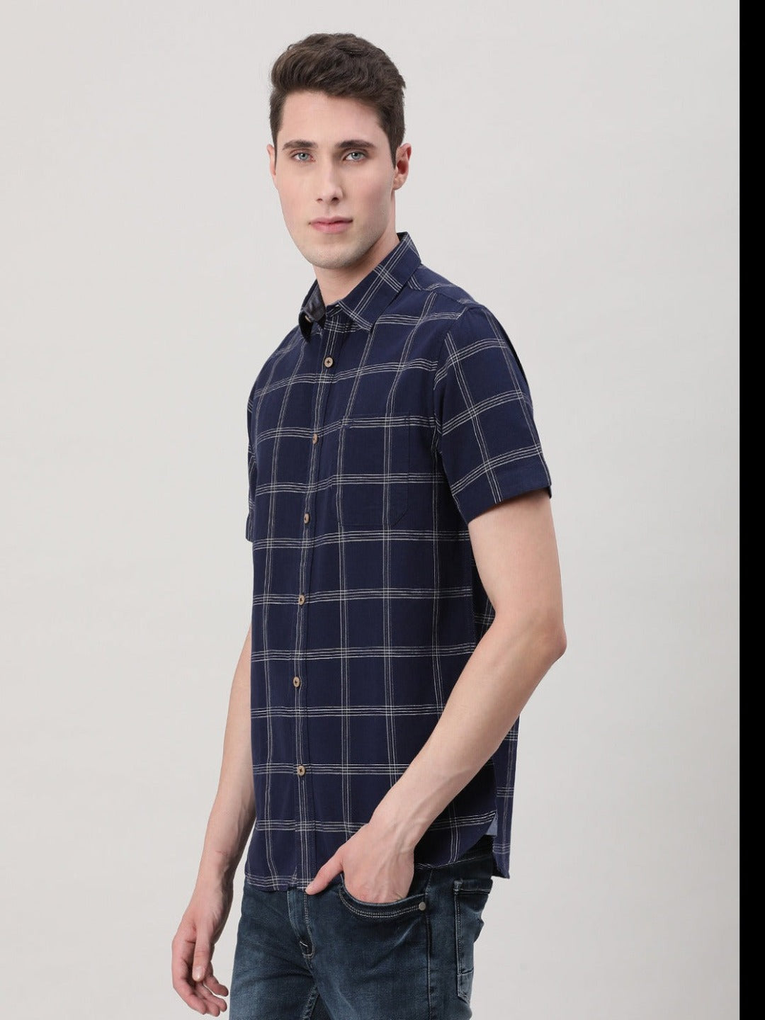 Casual Navy Half Sleeve Comfort Fit Checks Shirt with Collar for Men