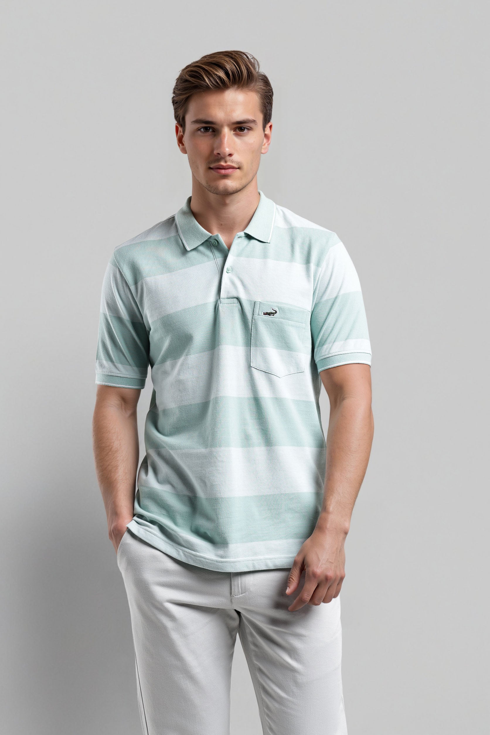 Man wearing a light green and white striped polo shirt against a gray background