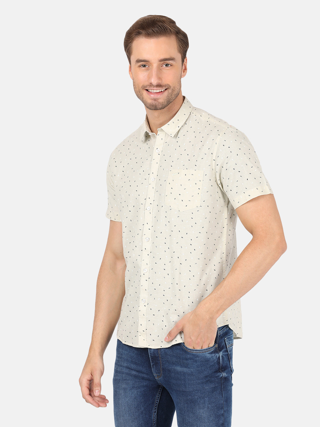 Casual Half Sleeve Comfort Fit Printed Beige with Collar Shirt for Men