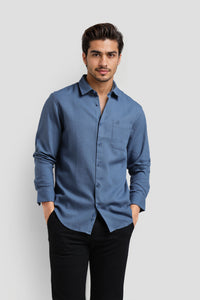 Blue Waffle Textured Shirt With Pleated Detailing At Back