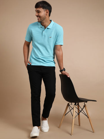 Light Blue Half Sleeve Slim Fit Jacquard T-Shirt