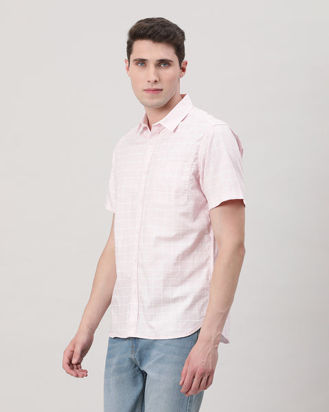 Casual Pink Half Sleeve Comfort Fit Printed Window Check Shirt with Collar