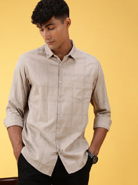 Stone Brown Checked Full Sleeve 100% Cotton Shirt