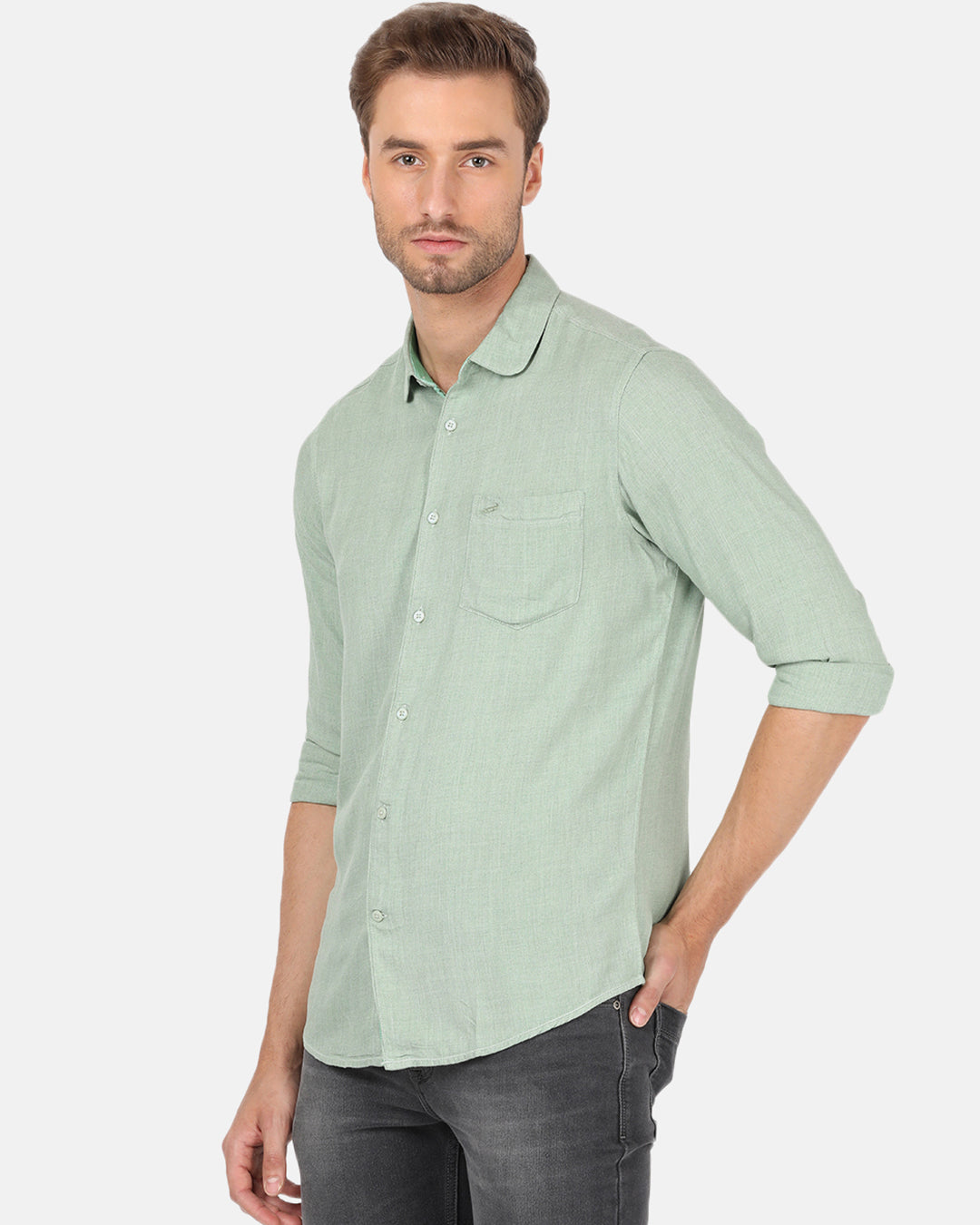 Crocodile Casual Full Sleeve Comfort Fit Solid Green with Collar Shirt for Men