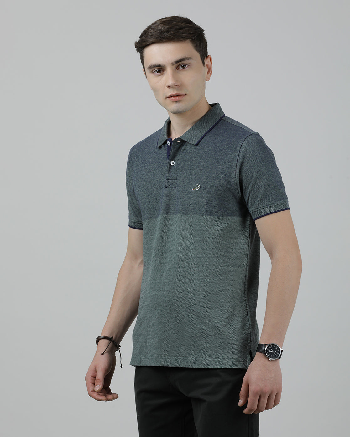 Casual Green T-Shirt Engineering Stripes Jacquard Half Sleeve Slim Fit with Collar for Men