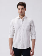 Man wearing a red stripe textured pure cotton shirt light grape with casual styling on a gray background