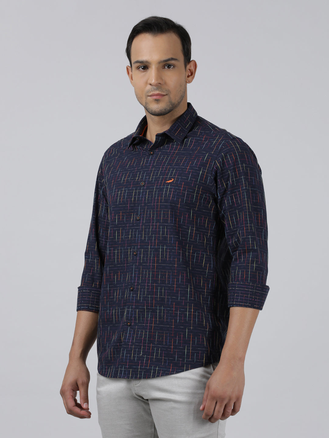 Casual Navy Full Sleeve Regular Fit Print Shirt with Collar for Men