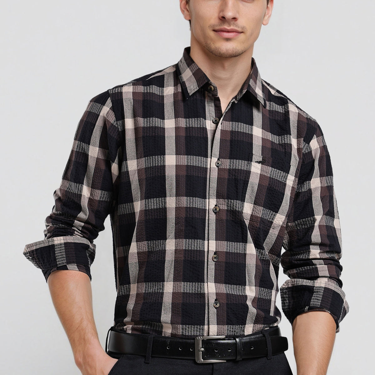 Brown Crinkled Checks Chisel Cut Pocket Crispy Handfeel Comfort Fit ...