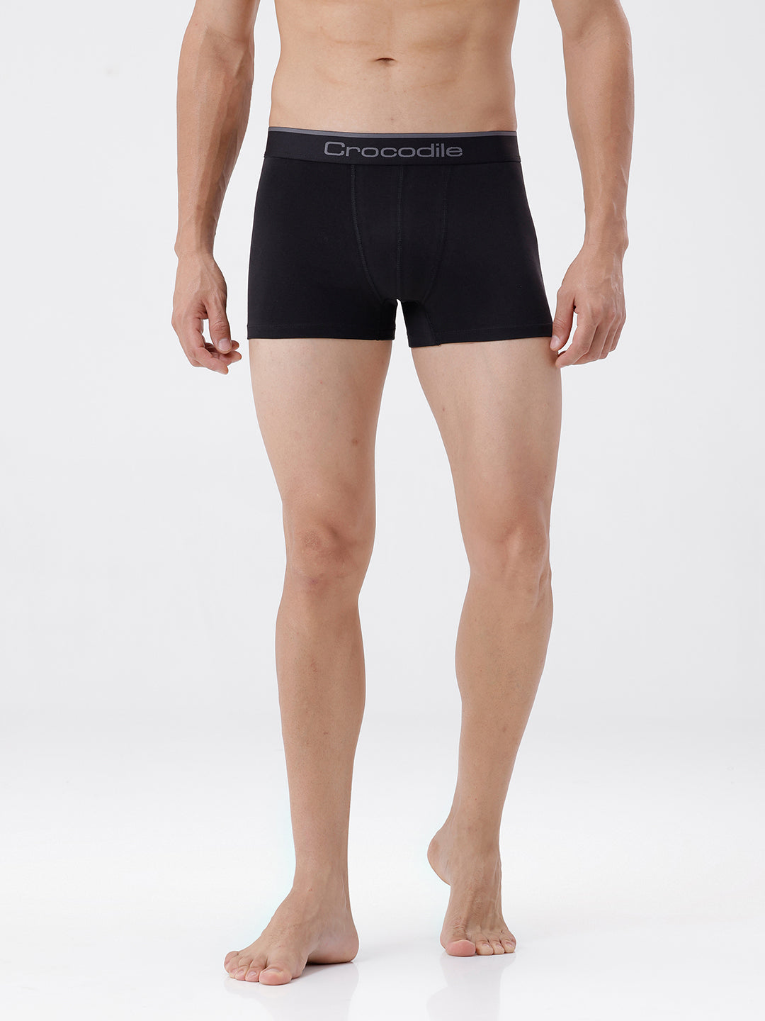 Person wearing black Crocodile brand boxer briefs on a white background