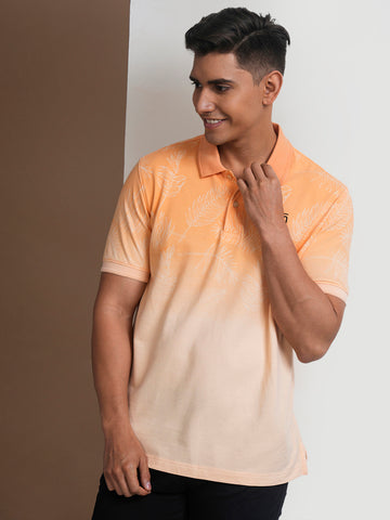Tropical Ombre Panel Print Polo Shirt In Peach