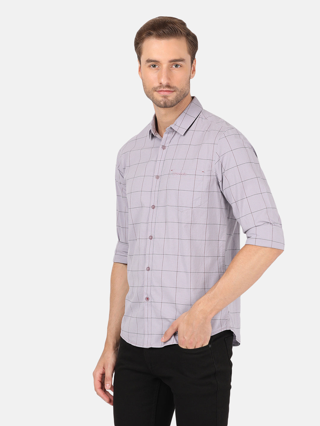 Casual Full Sleeve Slim Fit Checks Purple with Collar Shirt for Men