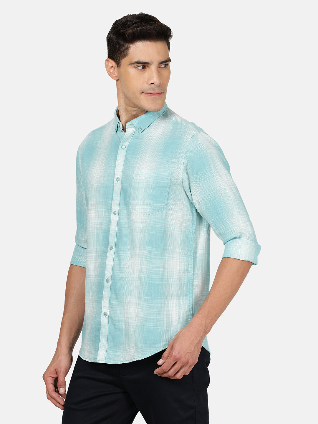 Crocodile Men's Casual Full Sleeve Comfort Fit Checks Light Green With Collar Shirt Online