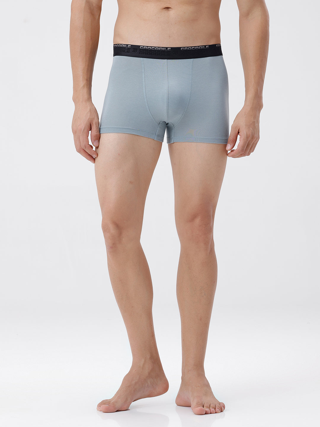 Light gray boxer briefs with black waistband on a white background
