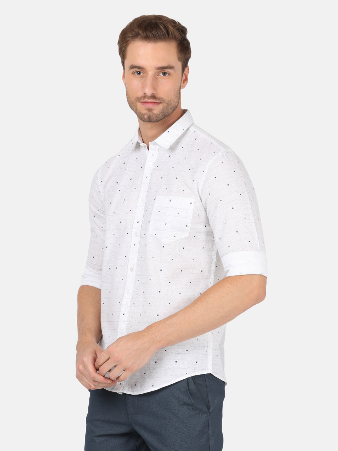 Crocodile Men's Casual Full Sleeve Slim Fit Printed White with Collar Shirt