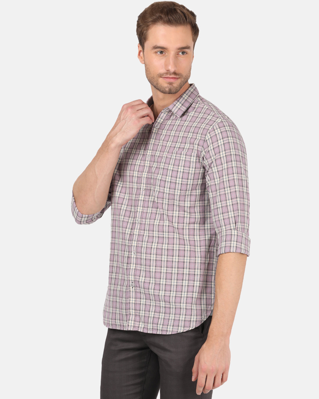 Crocodile Casual Full Sleeve Comfort Fit Checks Purple with Collar Shirt for Men