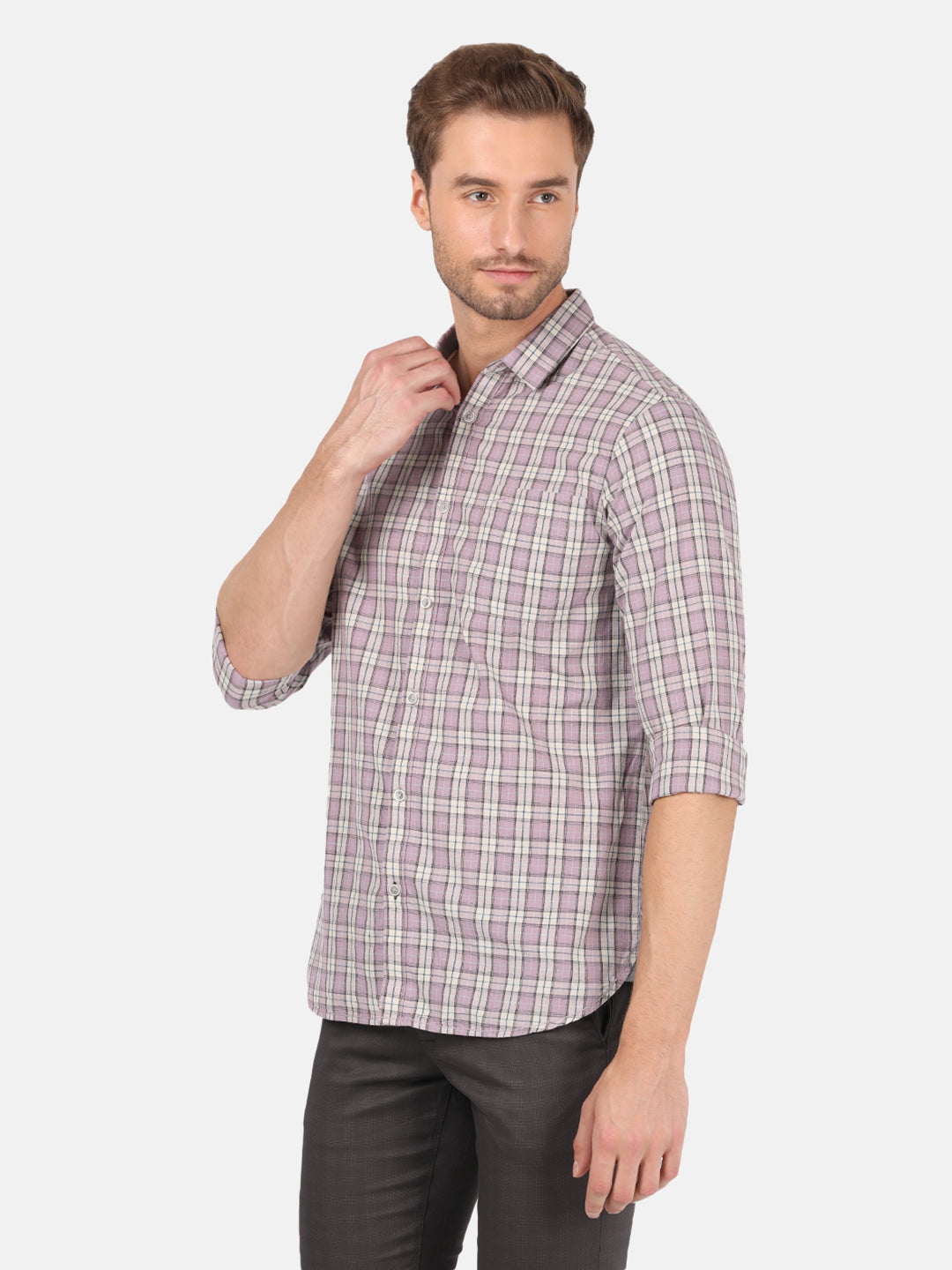 Casual Full Sleeve Comfort Fit Checks Purple with Collar Shirt for Men